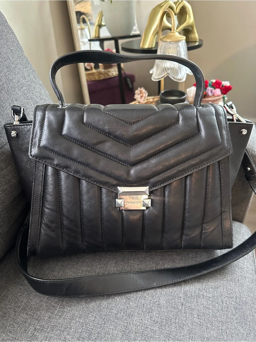 Michael Kors Black Quilted Top-Handle Satchel with Gold Hardware